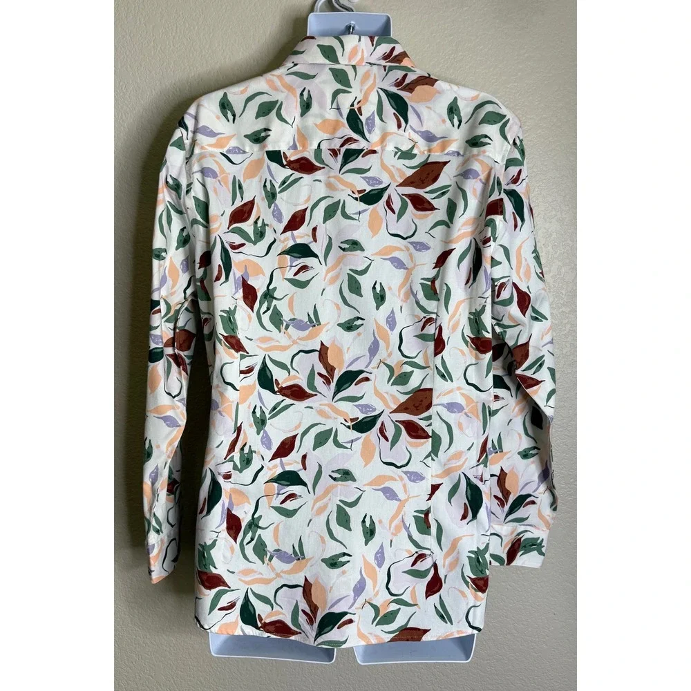 Bar III Mens L Button Down Shirt White Abstract Leaf Print Slim Fit Stretch NEW